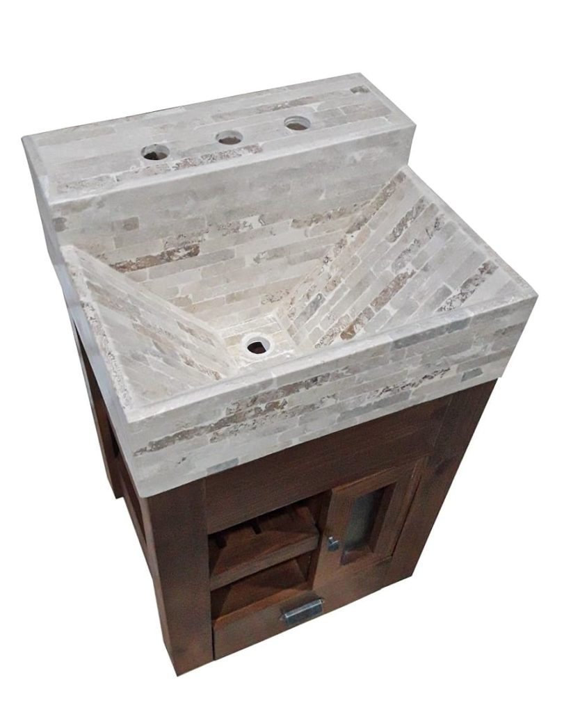 Vanitory clarisa Cleara en marmol travertino carrara con mueble de madera de paraiso