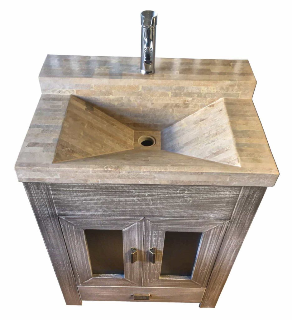 Vanitory de mármol travertino y madera de paraíso laqueada